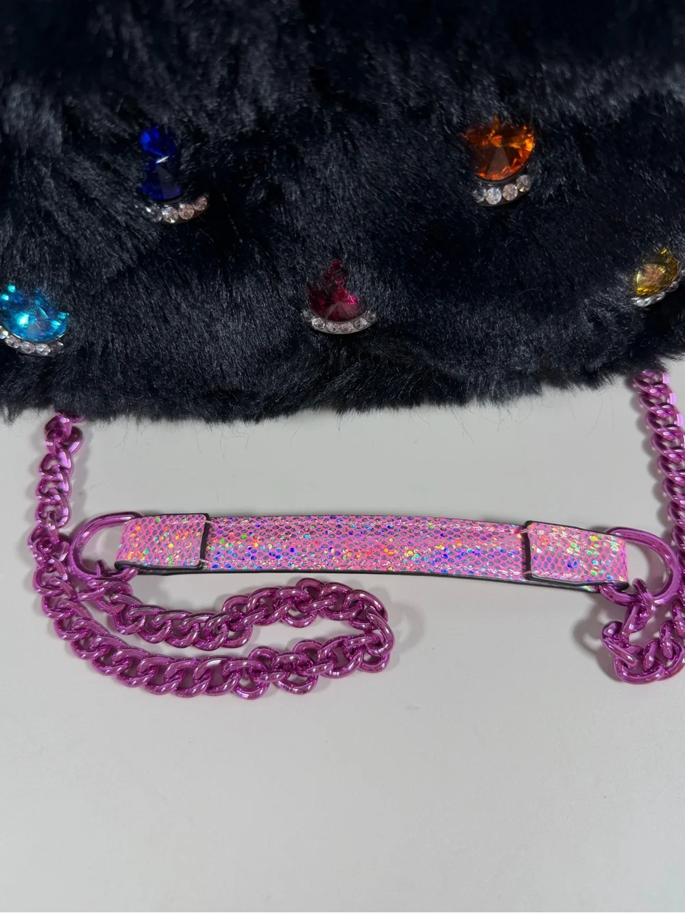 Kurt Geiger Black Faux Fur Jeweled Phone Case with Pink Glitter Chain